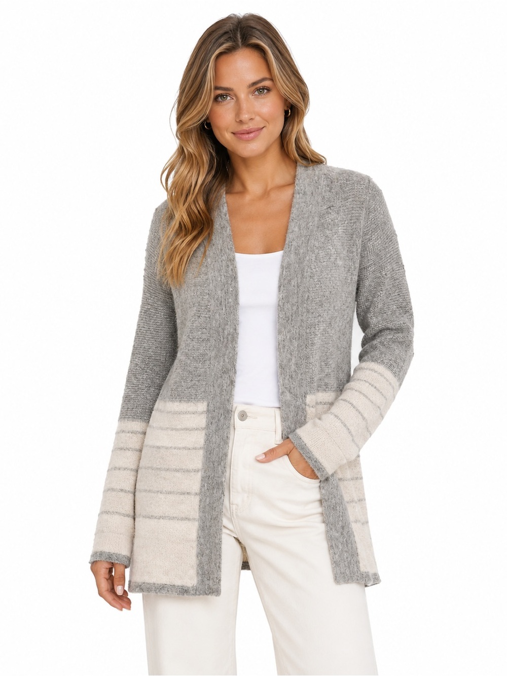 Charter Club Gray and Cream Cashmere Cardigan 100% Cashmere Medium